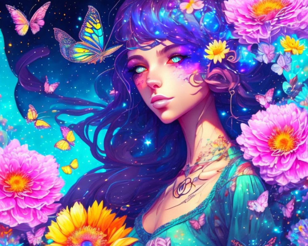 Colorful artwork: woman with purple hair, flowers, butterflies, starry night.