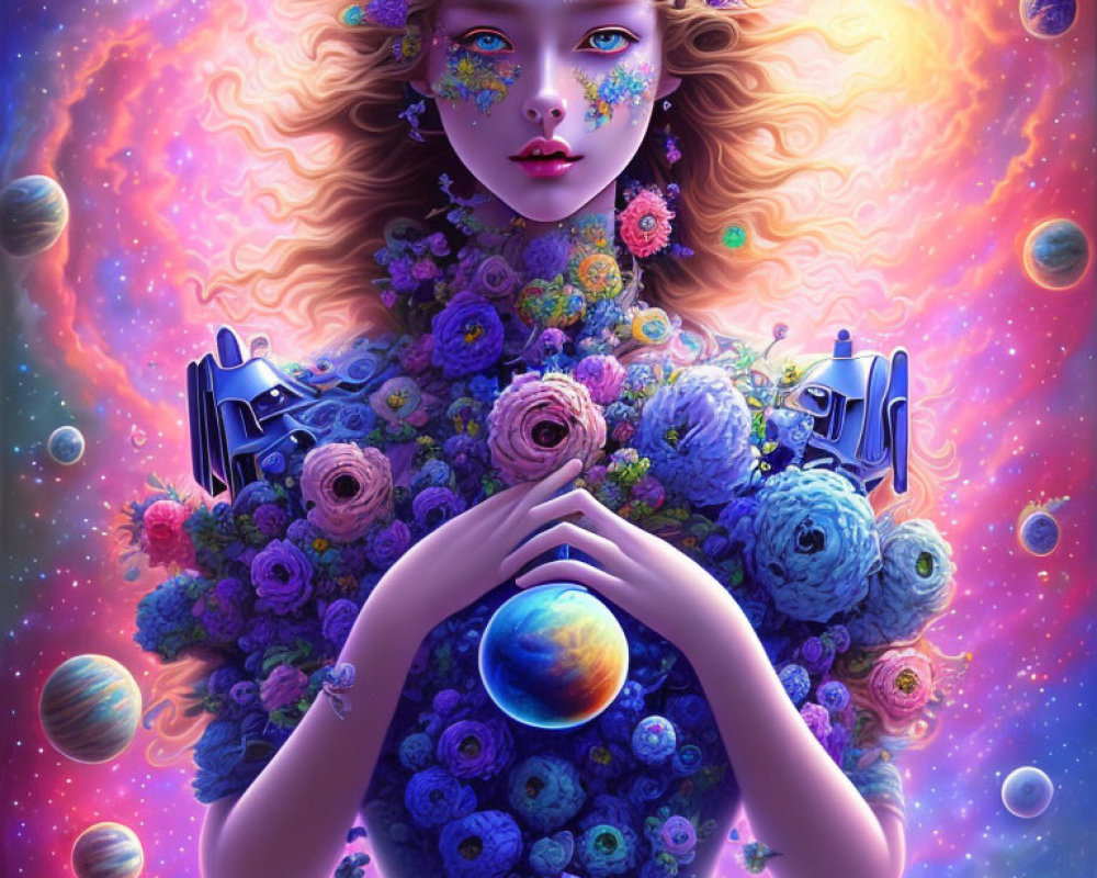 Cosmic-themed portrait of a woman with vibrant flowers and planet against nebula