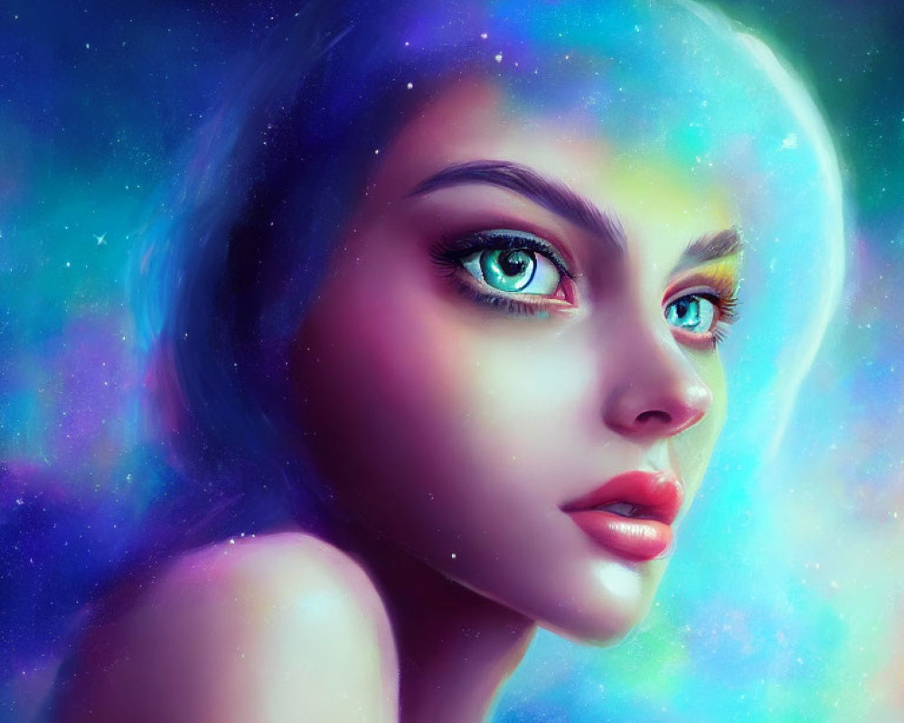 Vibrant cosmic close-up portrait of woman with green eyes