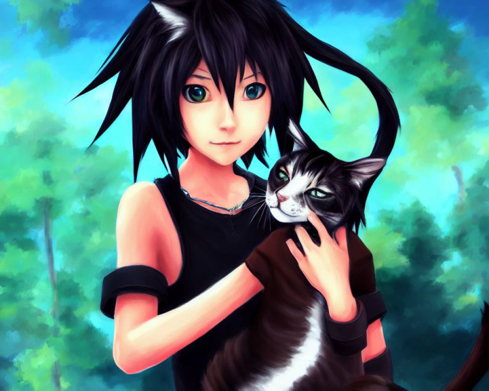 Anime-style character with black hair and blue eyes holding a black and white cat in front of a blue