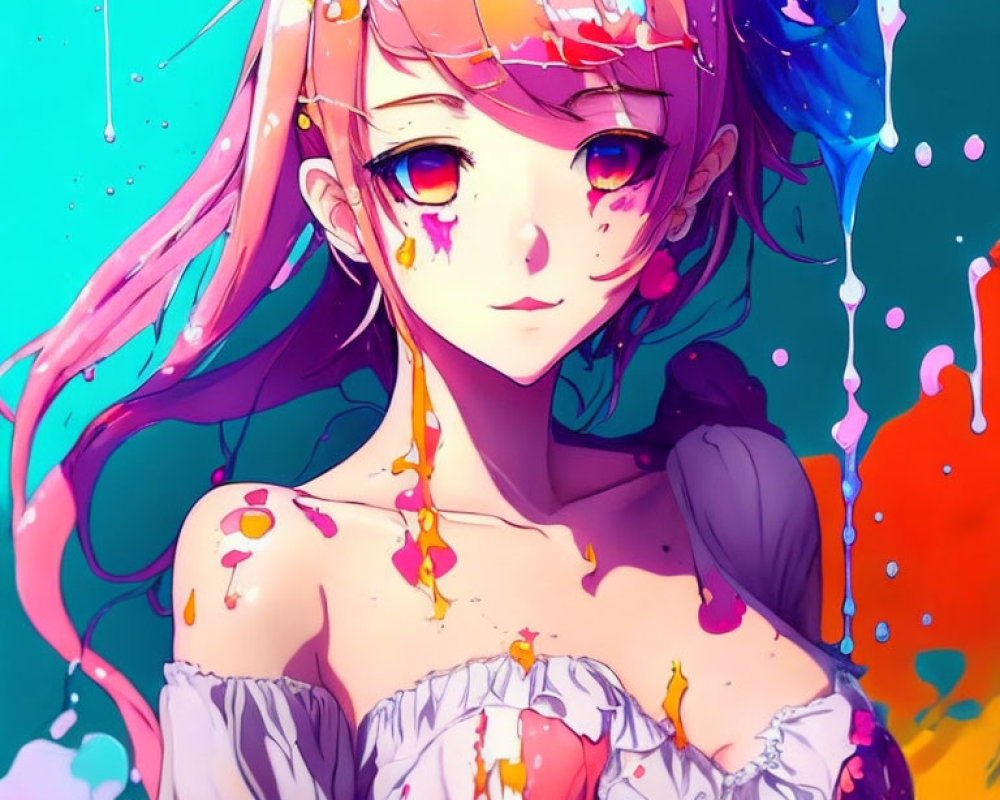 Vibrant Anime-Style Girl with Pink Hair and Paint Splashes