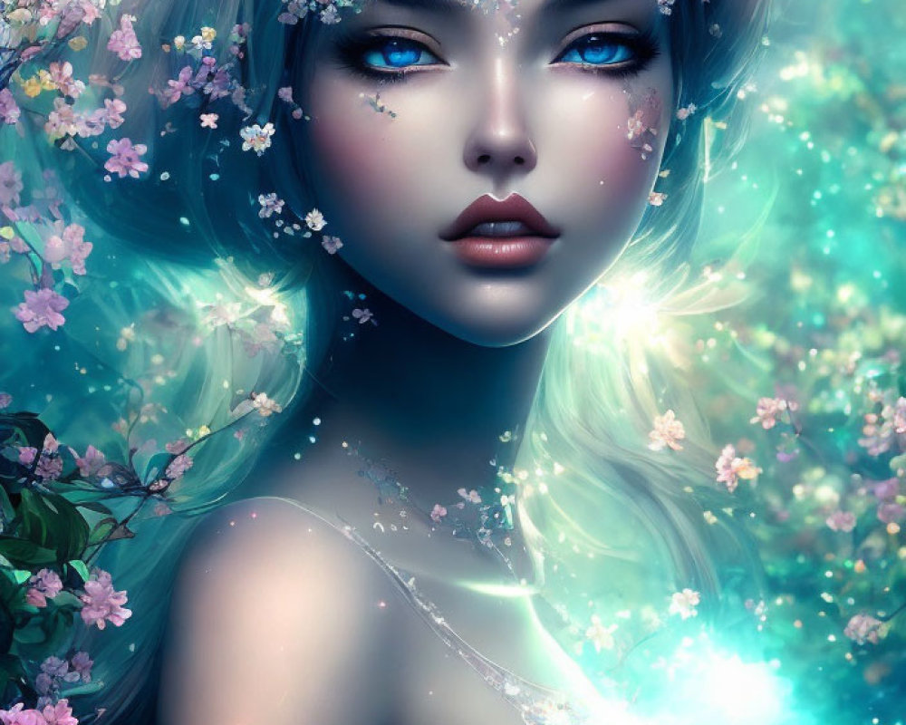 Digital Artwork: Woman with Blue Eyes and Dark Hair in Mystical Floral Surroundings