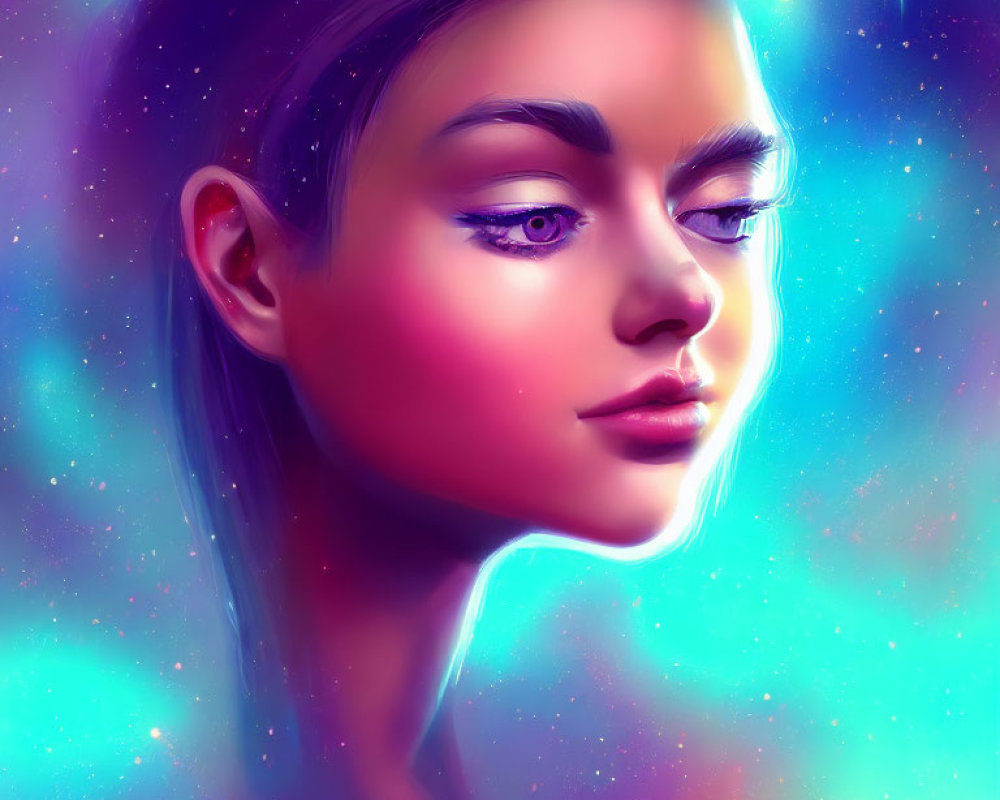 Cosmic-themed digital portrait of a woman with radiant skin and galaxy background