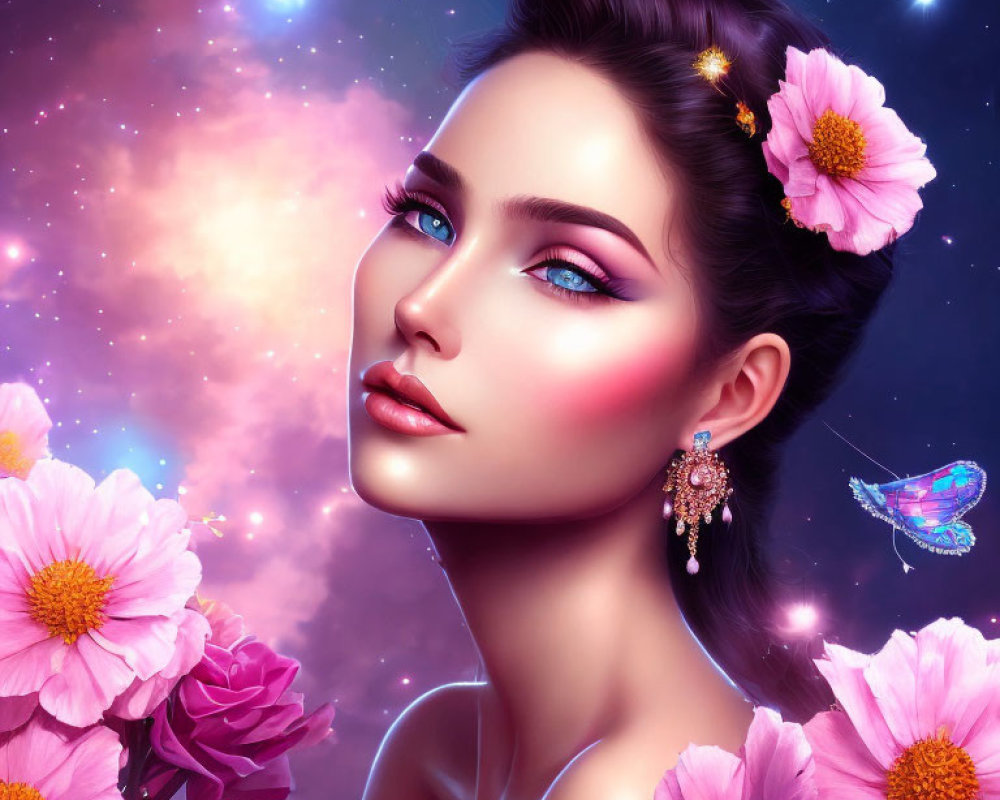 Digital Art Portrait of Woman with Floral Hair, Sparkly Earrings, Butterfly, and Cosmic Stars