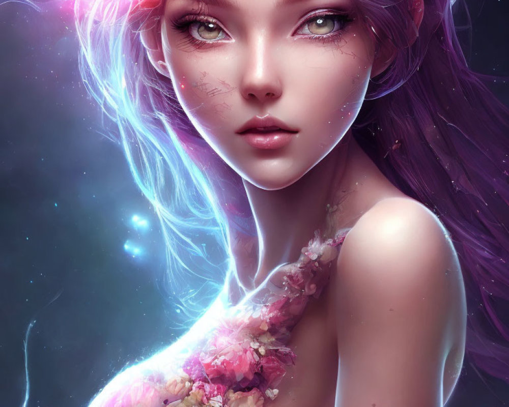 Digital portrait: Female character with purple hair, ethereal glow, and floral adornments against cosmic backdrop