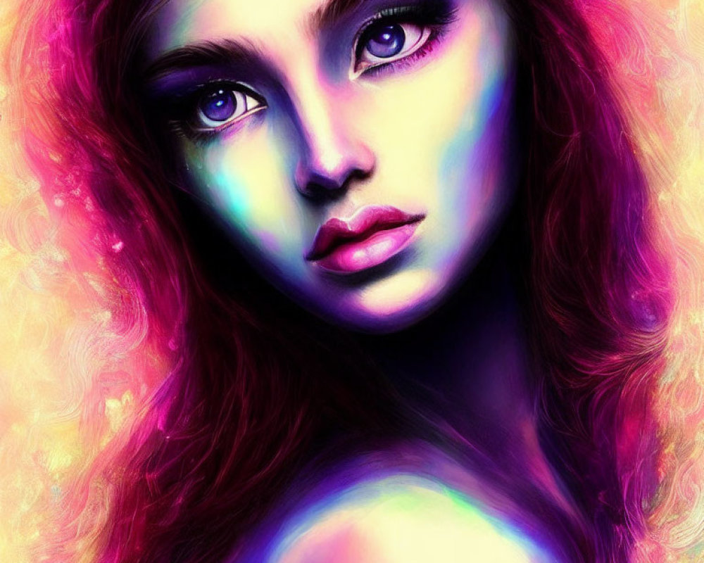 Colorful Digital Portrait of Woman with Multicolored Lighting and Red Hair