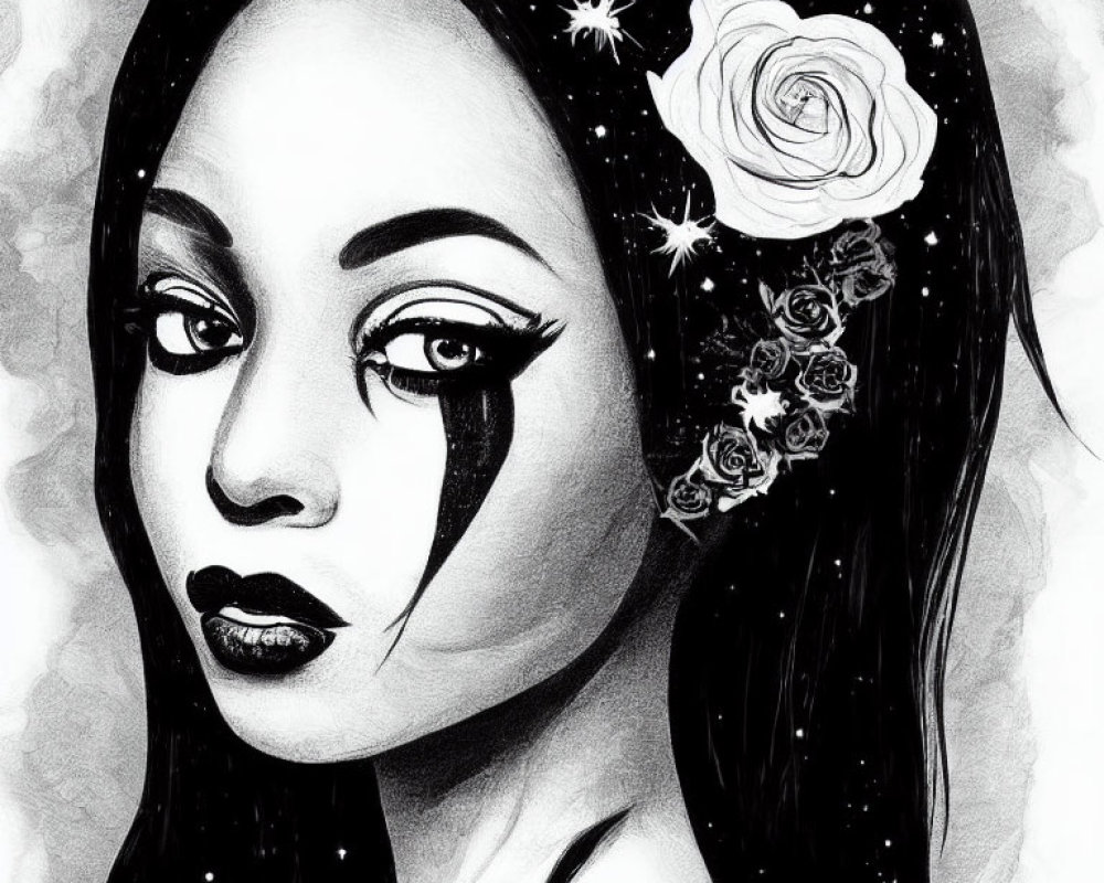 Monochrome woman illustration with eyeliner, lips, flowers, and starry background