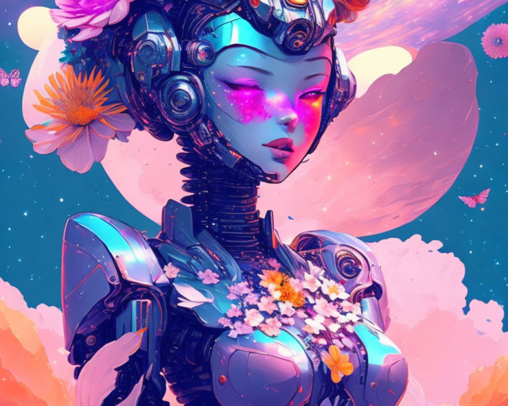 Colorful Female Android with Flower Adornments in Surreal Sky