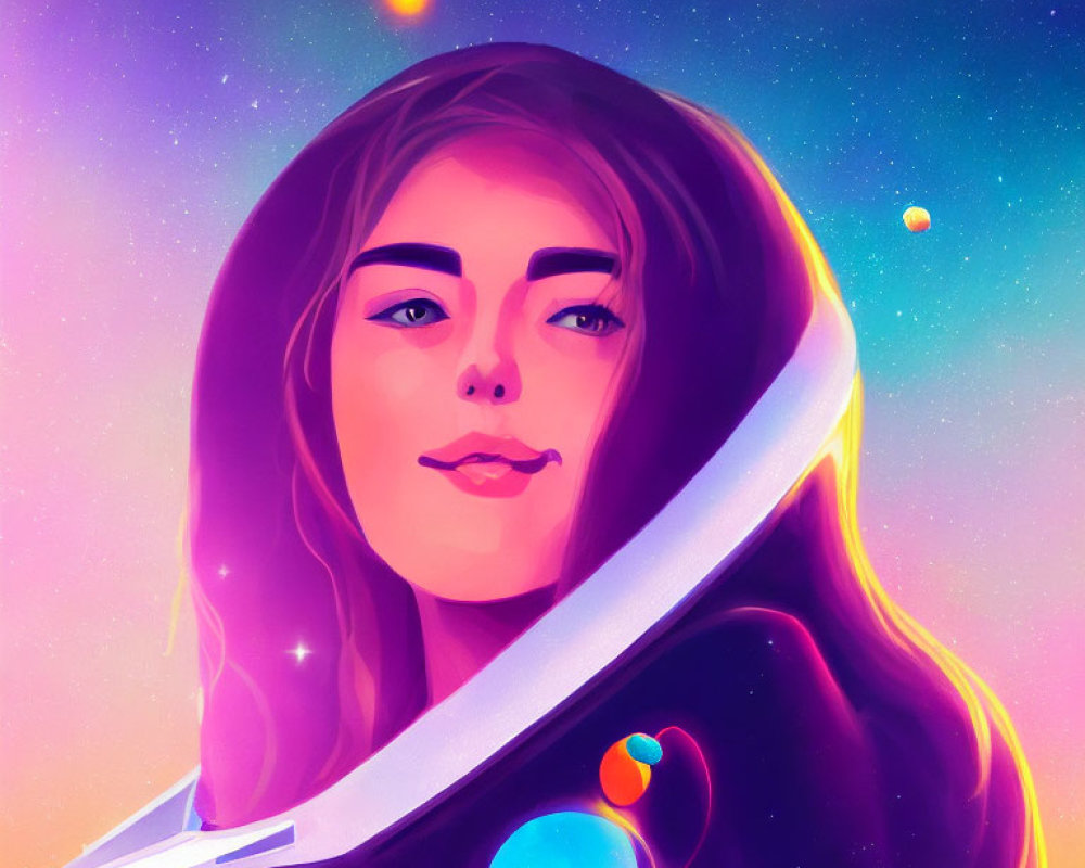 Colorful digital portrait of woman in spacesuit helmet against cosmic backdrop