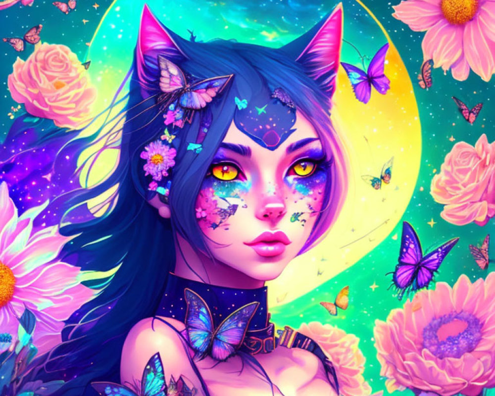 Fantasy illustration of woman with cat ears and blue hair under starry sky