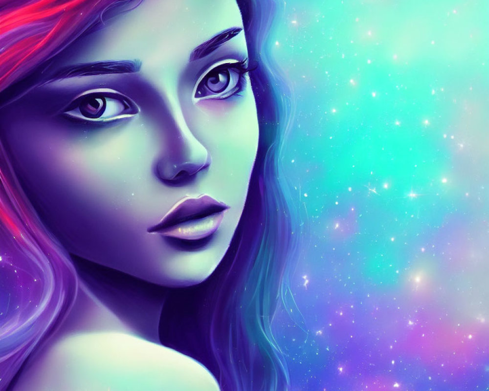 Vibrant digital artwork: woman with multicolored hair & cosmic background