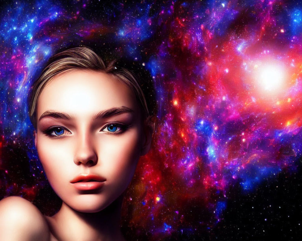 Digital artwork: Woman's portrait fused with cosmic galaxy backdrop, featuring striking blue eyes and celestial-human fusion