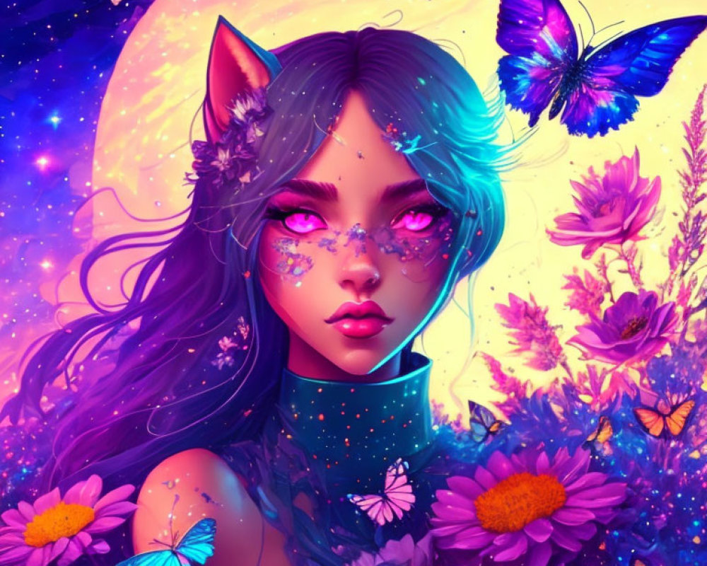 Fantastical Female Figure with Cat Ears Amid Vibrant Flowers and Cosmic Sky