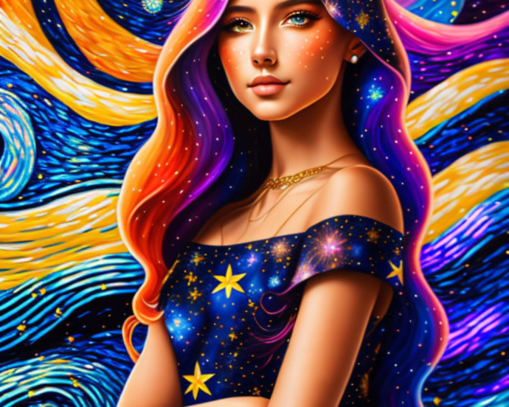 Colorful digital artwork of a woman with starry hair and cat ears in cosmic setting