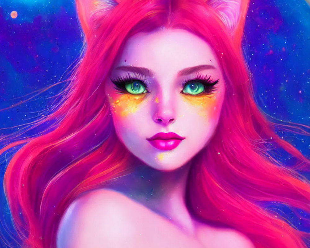 Digital artwork: Female figure with feline ears, red hair, and green eyes in cosmic setting