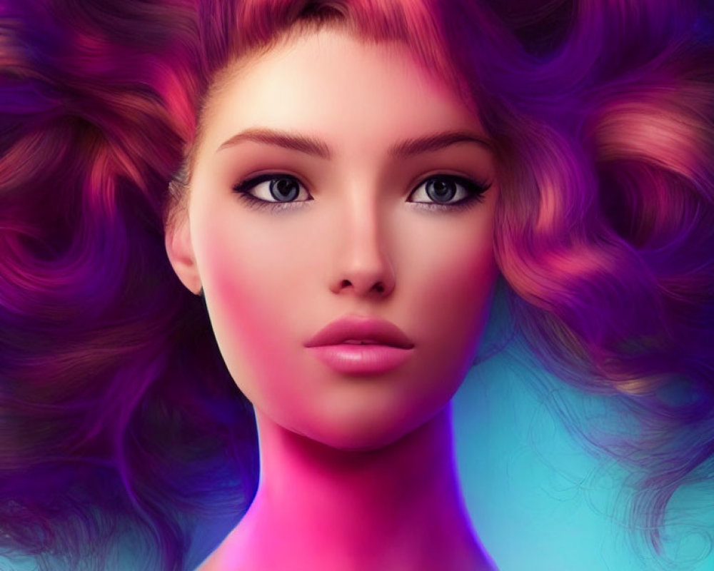 Colorful digital artwork of a woman with flowing multicolored hair on vibrant gradient backdrop