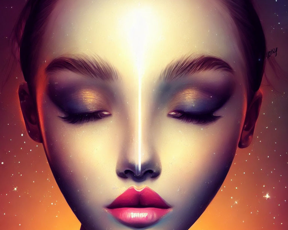 Symmetrical Female Face Digital Art with Cosmic Background