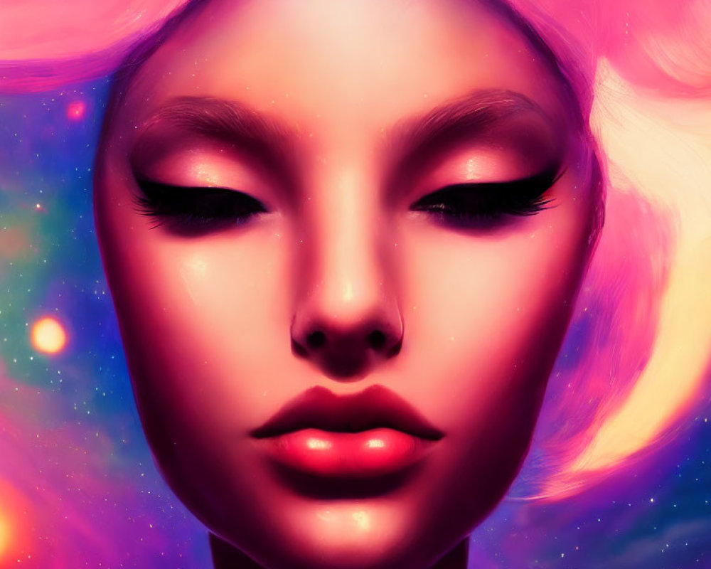 Stylized female face with cosmic tones and pink hair against starscape