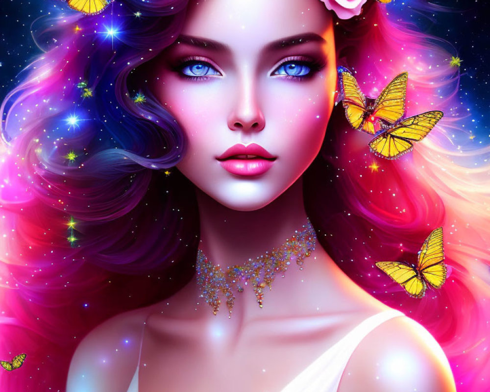 Fantasy image of woman with cosmic hair, flowers, butterflies, blue eyes, starry necklace