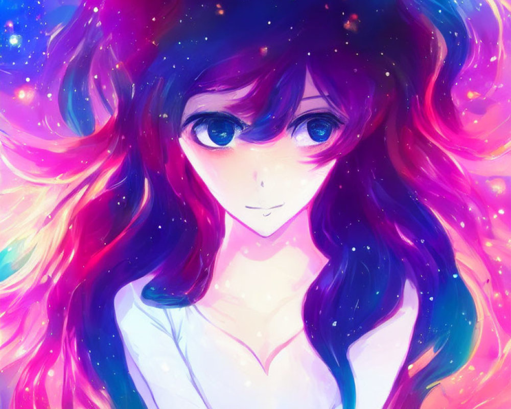 Vibrant galaxy-themed hair illustration with pink, purple, and blue shades.