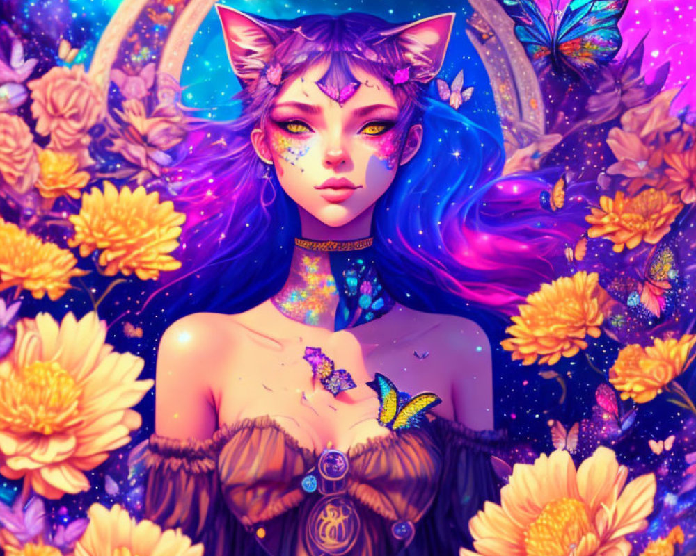 Colorful mythical female with cat ears in floral moonlit scene