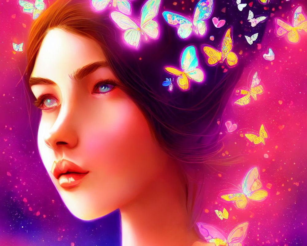 Colorful Digital Artwork: Woman with Butterflies and Cosmic Background