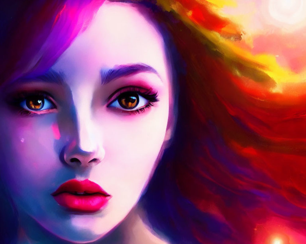 Colorful digital portrait of a woman with cosmic background blending into her hair.