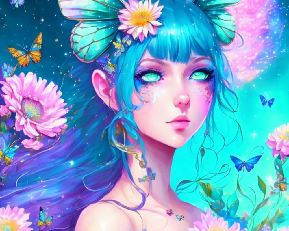 Colorful female with blue hair and butterfly wings in a starry scene