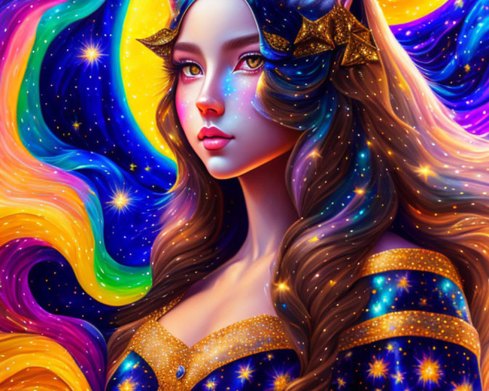 Woman with Cat Ears in Cosmic Galaxy Illustration