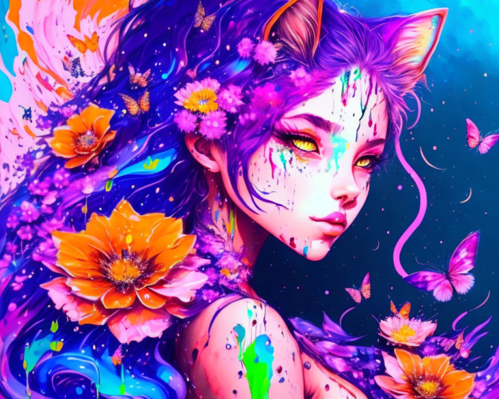 Colorful Female Figure with Cat-like Ears and Purple Hair on Blue Background