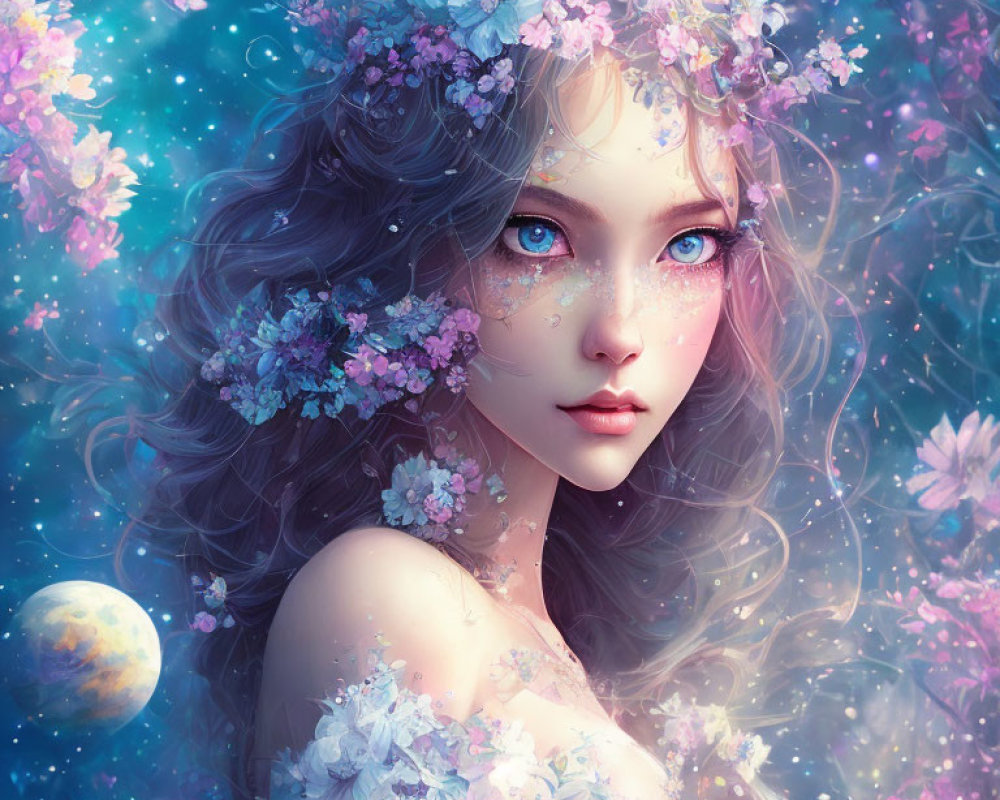 Fantasy illustration: Girl with blue eyes in pink blossoms with planet.