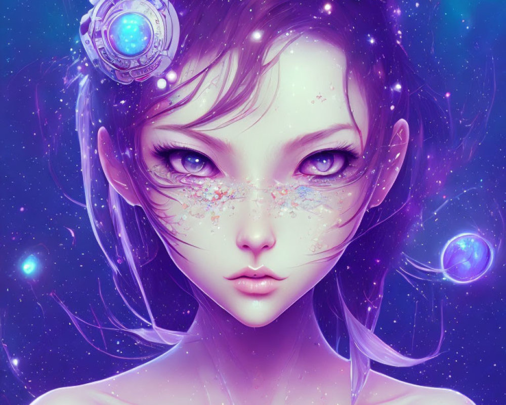 Ethereal female portrait with purple eyes and futuristic headpiece