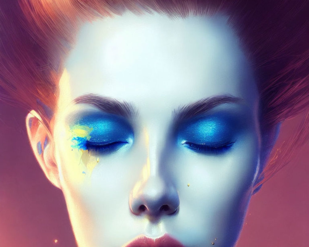 Vibrant digital illustration of woman with blue eyeshadow and orange hair on red backdrop