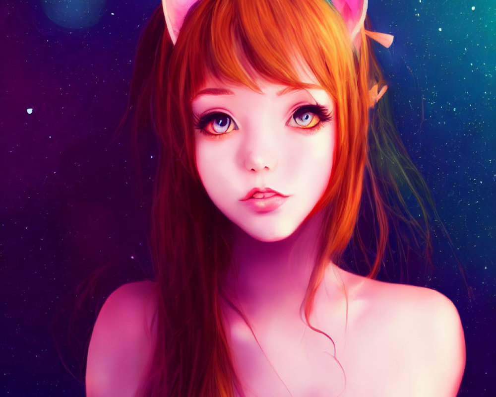 Illustration: Young woman with orange cat ears and amber eyes on cosmic purple backdrop