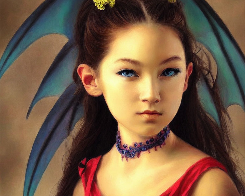 Portrait of young girl with dragon wings, pointed ears, blue eyes, red top, choker,