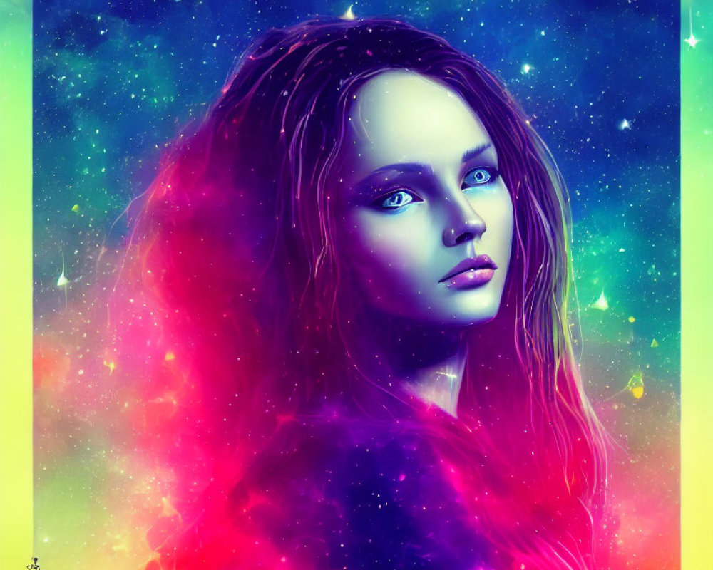 Colorful portrait of a woman with blue eyes and nebula hair in starry space.