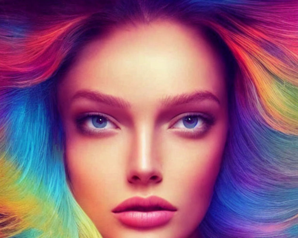 Vivid Rainbow-Colored Hair on Woman with Striking Gaze