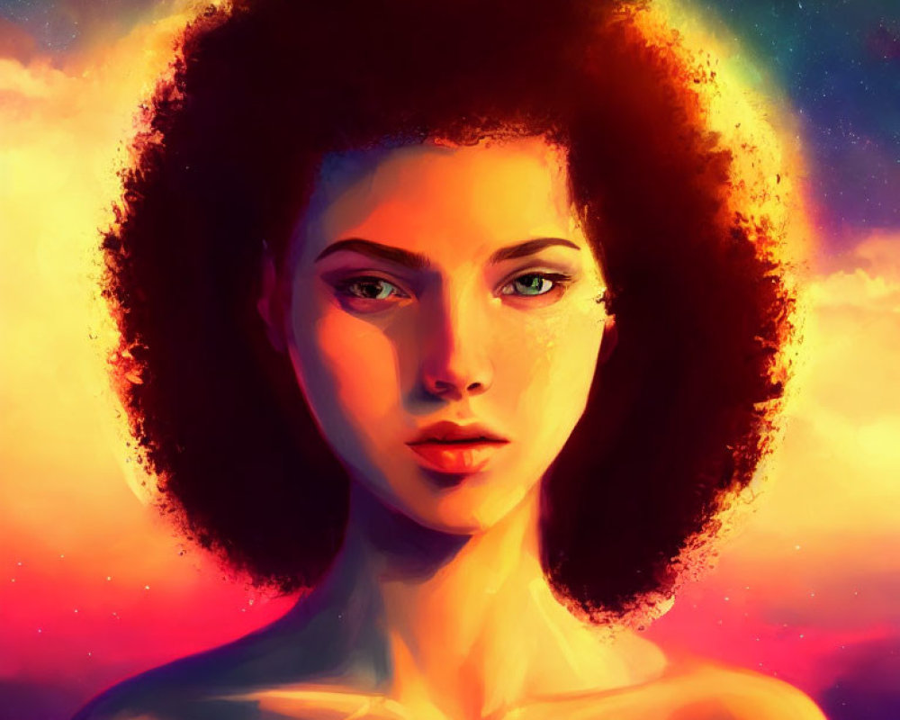 Digital portrait of woman with afro in vibrant sunset background