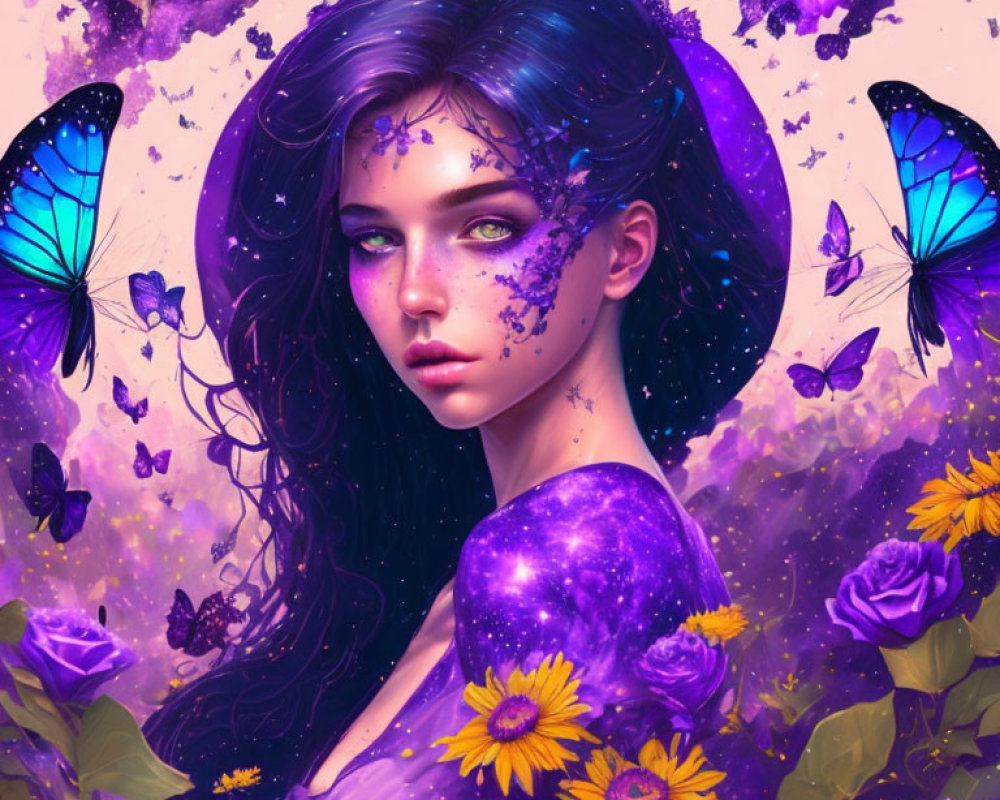 Fantasy portrait of a woman with purple galaxy skin, butterflies, flowers, and cosmic aura.