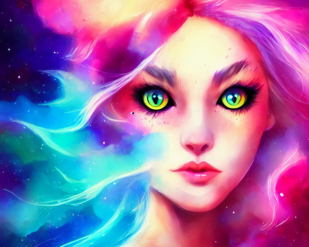 Woman with Large Green Eyes Surrounded by Cosmic Swirls in Pink, Blue, and Purple