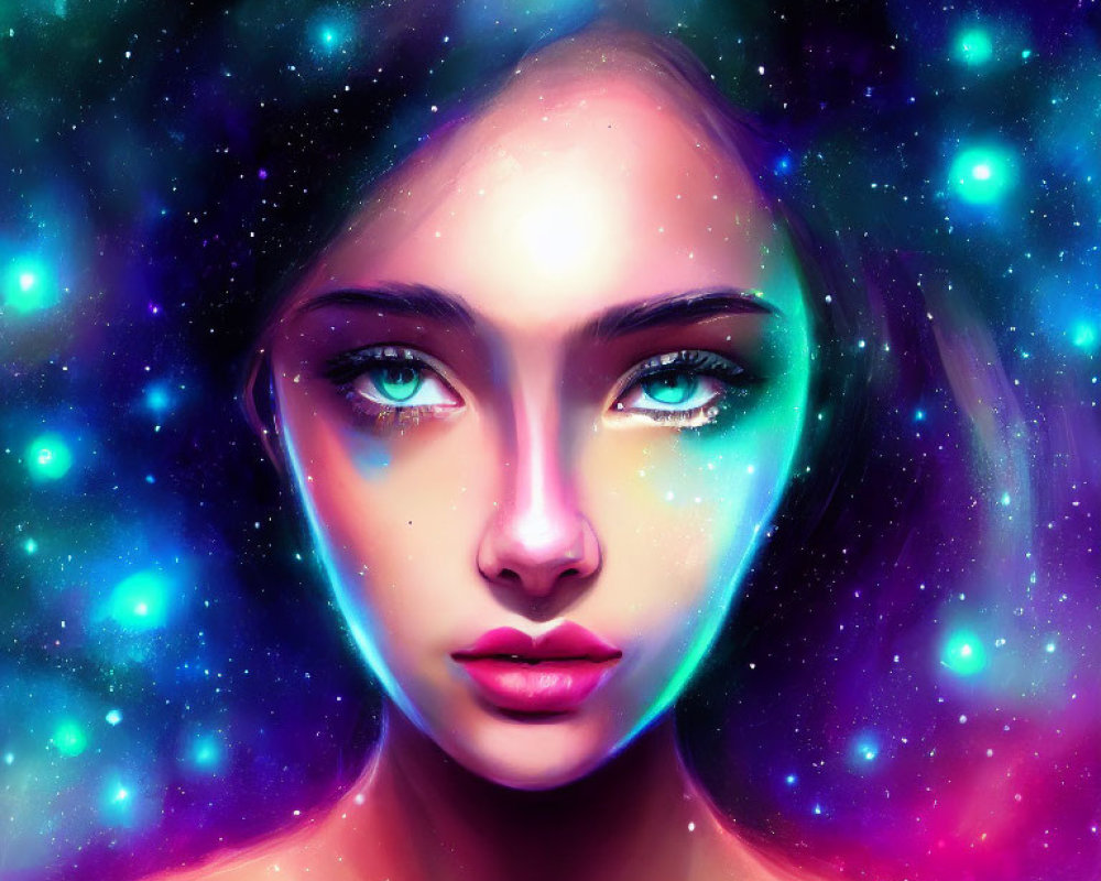 Vibrant cosmic digital portrait of a woman with starry effects