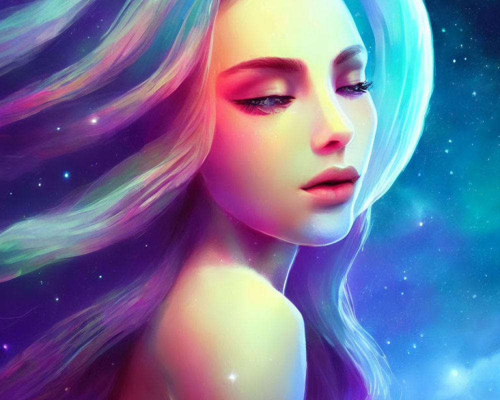 Colorful cosmic hair merges with starry nebula in digital artwork