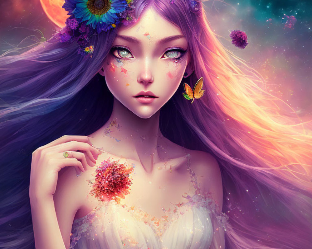 Colorful Illustration: Girl with Purple Hair, Flowers, Butterfly, Cosmic Sky