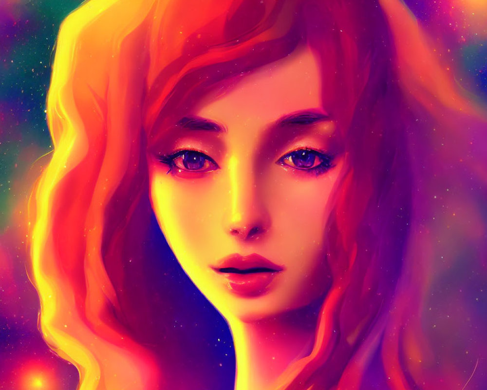 Vibrant digital portrait of a woman with red hair and blue eyes against cosmic backdrop