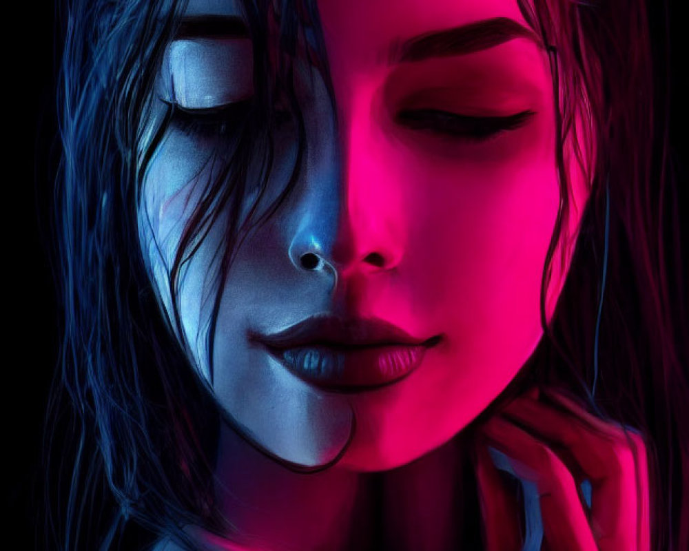 Portrait of woman in serene expression under vivid neon lights