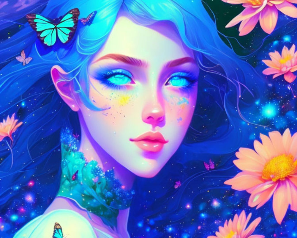 Colorful digital artwork: Woman with blue hair and starry skin among butterflies and flowers on cosmic background