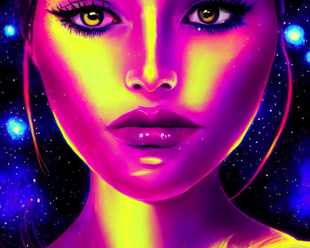 Colorful portrait of woman with glowing skin against cosmic background