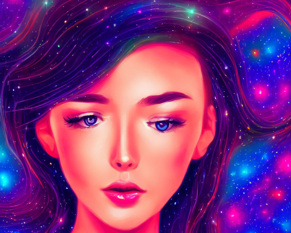 Vibrant digital portrait of a woman with galaxy-themed hair