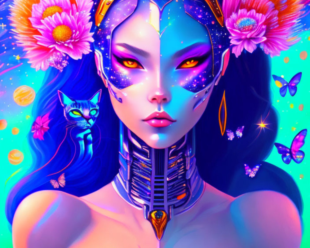 Female figure with galaxy skin, cat-like ears, mystical eyes, flowers, butterflies, futuristic collar