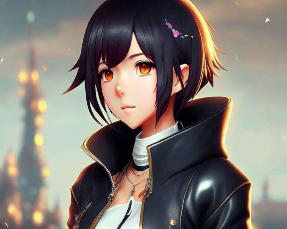 Animated female character with short black hair, amber eyes, and a small flower in her hair, wearing